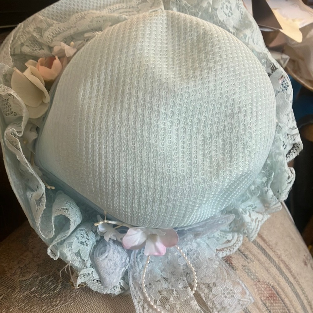 Light Blue decorative Lace Bonnet with Floral Accents